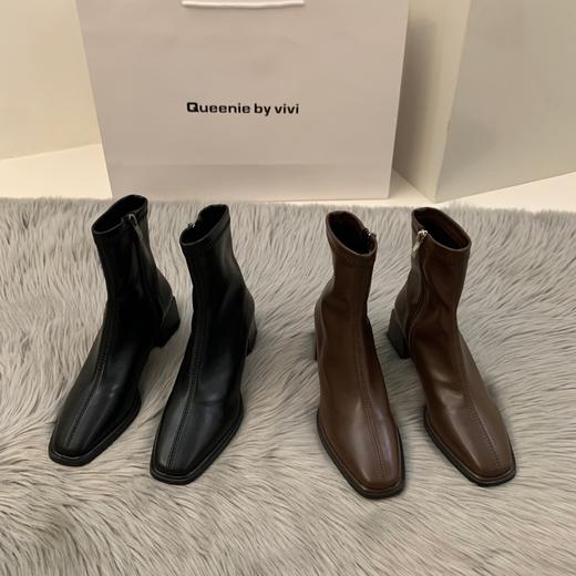 新款春秋季单靴棕色马丁靴子高跟方头瘦瘦法式小短靴女鞋 商品图2