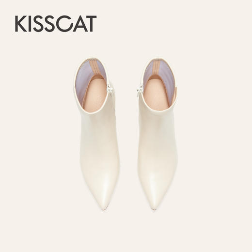 【云粉节】BF楼KISSCAT接吻猫25冬新款优雅尖头高跟靴粗跟法式真皮白色短靴女KA65714-11吊牌价1599活动价899 商品图3