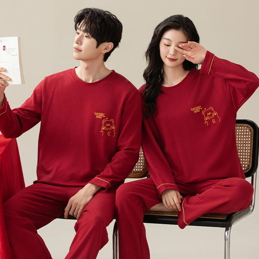 情侣睡衣红色长袖圆领薄款女士大码男士华夫格家居服可外穿套装秋本命年睡衣 商品图3
