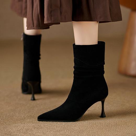 【预售5天】法式高级感小短靴，高跟尖头细跟褶皱中筒瘦瘦靴QS&765 商品图4