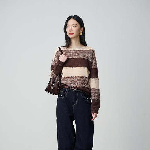 NEELLY纳俪商场同款秋冬新款简约条纹软糯毛衣女时尚撞色针织上衣N25104A05507 商品图1