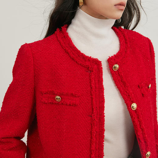 NEELLY纳俪商场同款冬季新款毛边小香风圆领外套女简约通勤上衣N25104C04510 商品图2