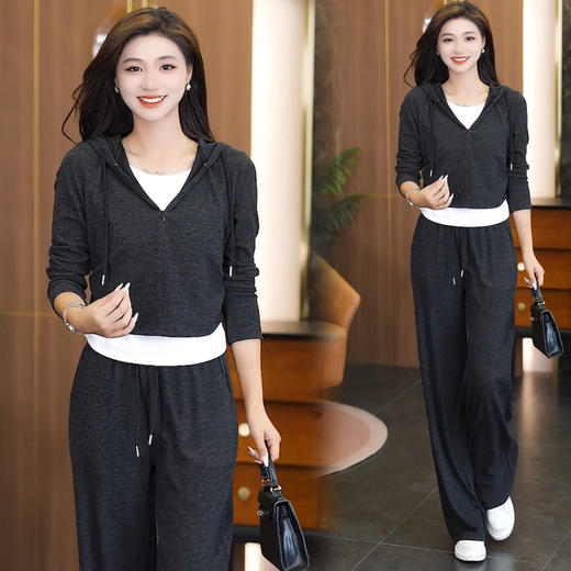 YM 8128休闲运动套装撞色假两件上衣时尚阔腿裤两件套 商品图0