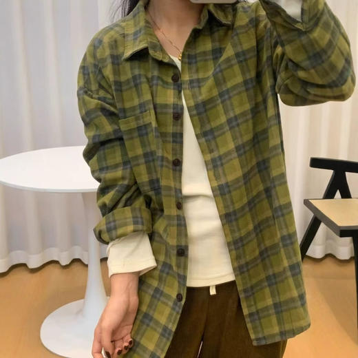 新品上市港风绿色格子衬衫外套女春秋季慵懒风oversize衬衣内搭外穿百搭外套 商品图2