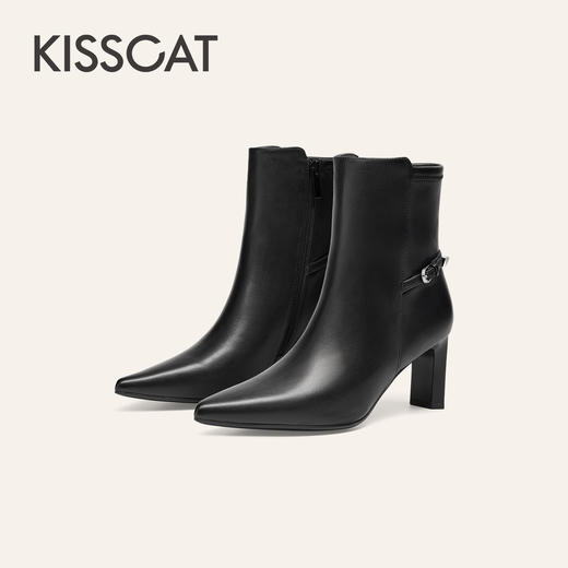 【云粉节】BF楼KISSCAT接吻猫25冬新款优雅尖头高跟靴粗跟法式真皮白色短靴女KA65714-11吊牌价1599活动价899 商品图1