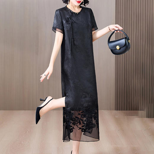 2025夏装新款香云纱气质连衣裙提花重工刺绣短袖裙子女 商品图3