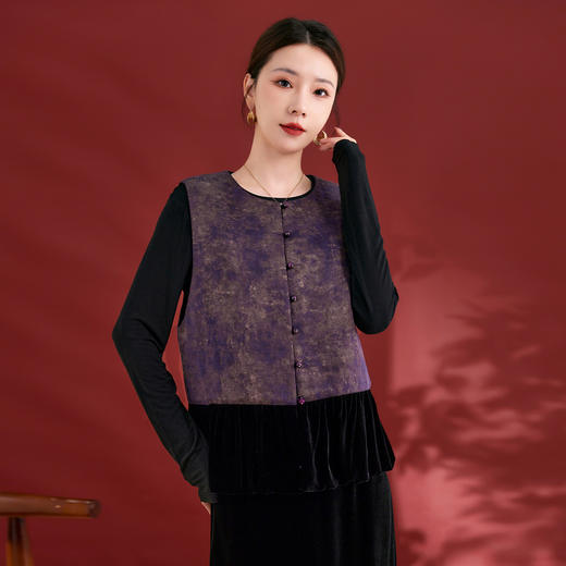 SM 1739桑蚕丝盘扣提花拼接国风扎染烫金渐变马甲显瘦无袖气质 商品图2