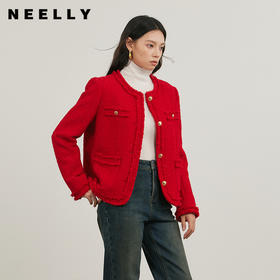 NEELLY纳俪商场同款冬季新款毛边小香风圆领外套女简约通勤上衣N25104C04510