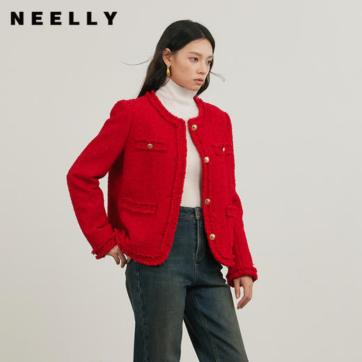 NEELLY纳俪商场同款冬季新款毛边小香风圆领外套女简约通勤上衣N25104C04510 商品图0
