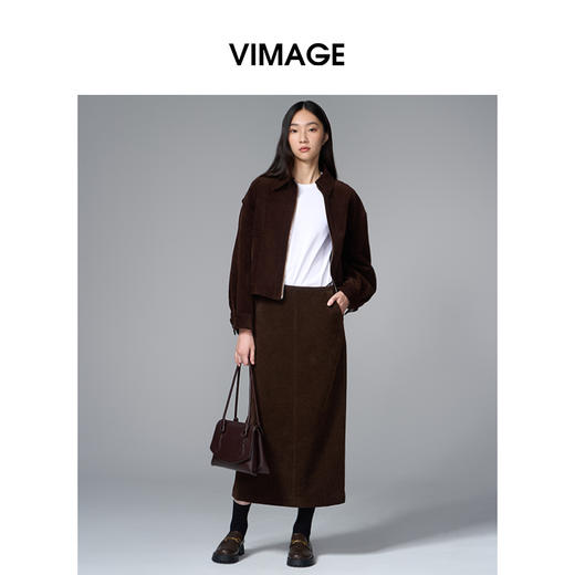 VIMAGE纬漫纪灯芯绒咖色休闲拉链复古翻领夹克外套女2025秋季新款V2410101 商品图0
