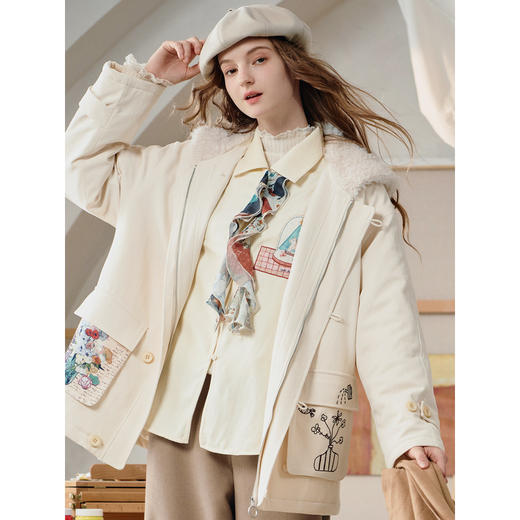 两三事梵高文艺 月光之息 2025冬季新款印花刺绣口袋毛领棉衣外套 商品图2