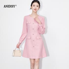 小香风优雅圆领长袖单排扣后拉链收腰连衣裙