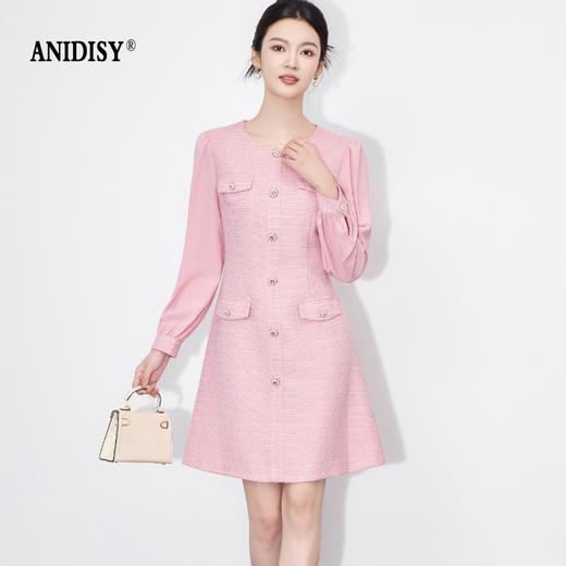 小香风优雅圆领长袖单排扣后拉链收腰连衣裙 商品图0