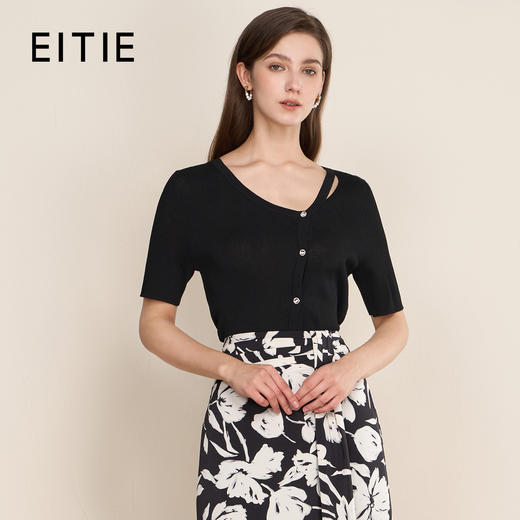 EITIE爱特爱夏季新款设计感镂空修身纯色显瘦舒适百搭短袖针织衫7801504 商品图0