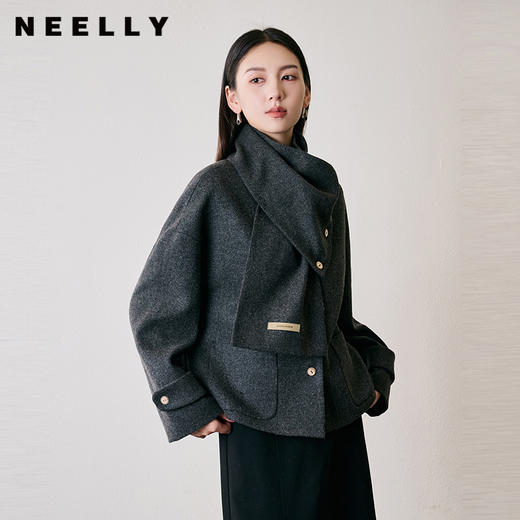 NEELLY纳俪商场同款冬季新款短款设计感围巾领气质绵羊毛外套女N25104C07702 商品图0