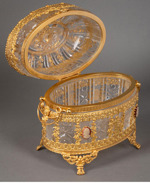 独角鹿西洋古董 19世纪末法国出品精灵仙子主题铜鎏金精雕嵌古典女子肖像卡梅奥装饰水晶珍宝盒 商品图4