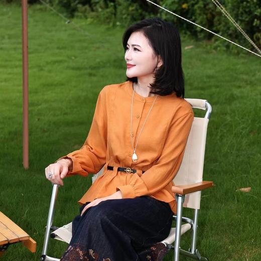 法式圆领收腰压褶长袖衬衫女2025秋季气质减龄独特漂亮衬衣 商品图2