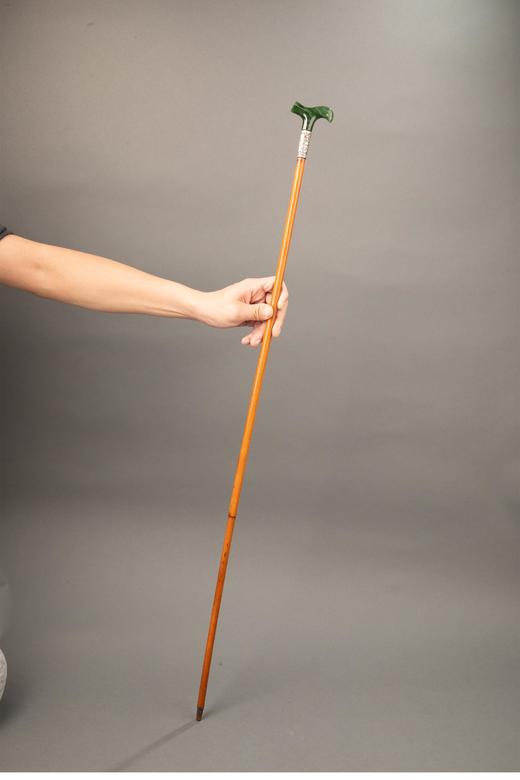 独角鹿西洋古董 1880-1910年代英国维多利亚时代出品纯银雕刻镶嵌软玉杖柄硬木绅士手杖 商品图1