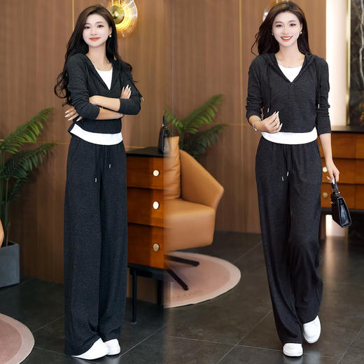 YM 8128休闲运动套装撞色假两件上衣时尚阔腿裤两件套 商品图2