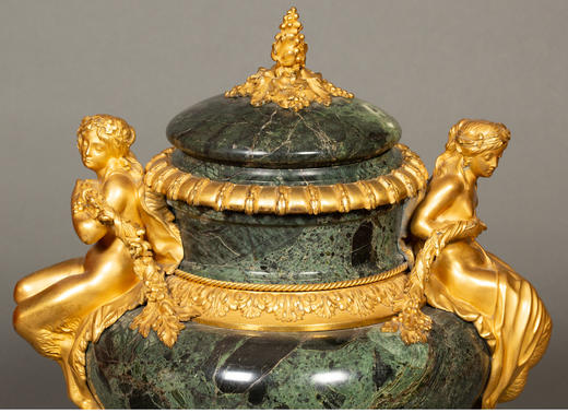 独角鹿西洋古董 19世纪末法国出品新古典主义风格铜鎏金镶嵌绿色大理石石瓮摆件 商品图3