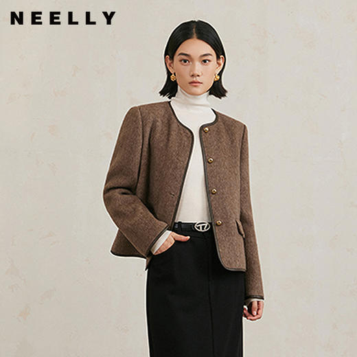 NEELLY纳俪商场同款冬新款复古棕色圆领羊毛混纺外套女优雅上衣N25104N04528 商品图0
