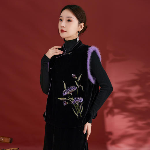 SM 1921真丝丝绒国风新中式贵气感刺绣新中式复古亮片马甲 商品图3