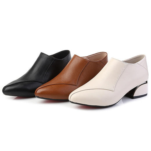 丁摩 真皮单鞋秋季新款粗跟中跟大码女皮鞋尖头牛皮女鞋5ZF-2056 商品图4