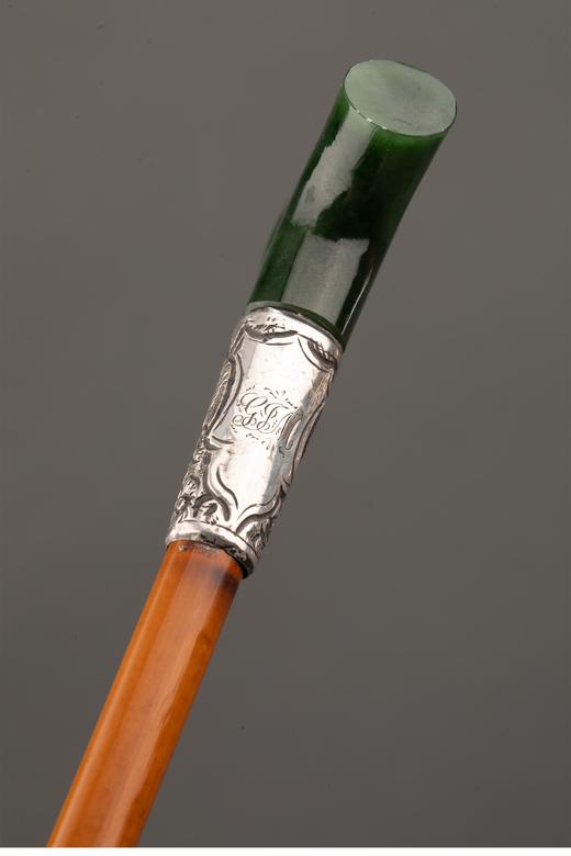 独角鹿西洋古董 1880-1910年代英国维多利亚时代出品纯银雕刻镶嵌软玉杖柄硬木绅士手杖 商品图4