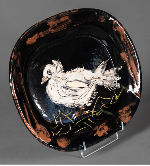 独角鹿西洋古董 1949年代西班牙艺术家与法国工坊合作出品限量装饰陶盘「Colombe sur lit de paille 草床上的鸽子」 商品图2