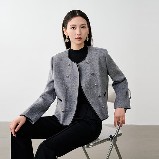 NEELLY纳俪商场同款冬新款小香风灰色双排扣短款双面呢大衣外套女N25104N04552 商品图3