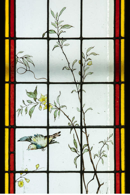独角鹿西洋古董 19世纪末20世纪初法国新艺术时期出品雀鸟繁花主题彩绘玻璃花窗一组四件 商品图7