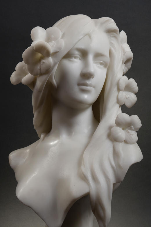 独角鹿西洋古董1890年代法国雕塑家Georges Coudray签名创作新艺术风格卡拉拉大理石半身像雕塑作品《睡莲》 商品图3