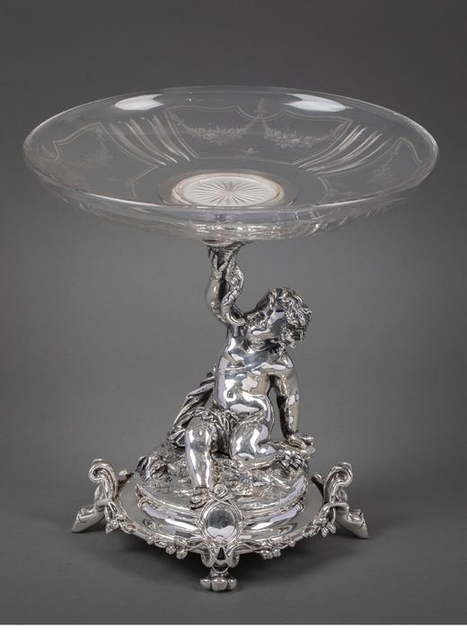 独角鹿西洋古董 1860年代法国顶级银器工坊昆庭签名出品小海神特里同造型铜镀银嵌水晶果盘 商品图2