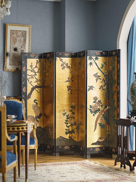 【已售】独角鹿西洋古董 20世纪初中国出品「花开富贵」主题金地款彩雕漆六曲屏风 商品图0