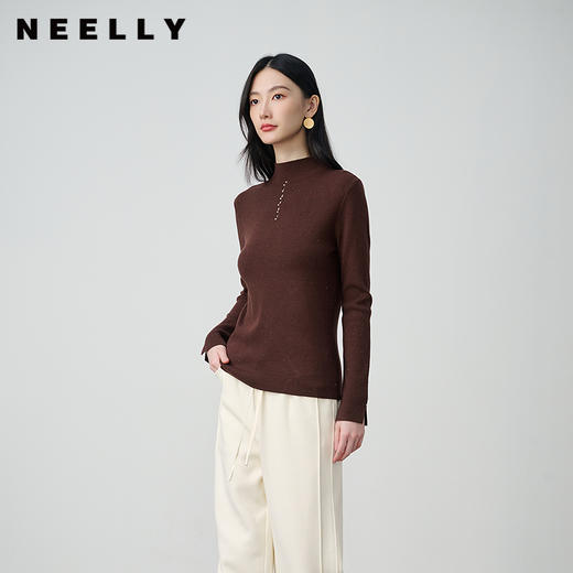 NEELLY纳俪商场同款秋冬新款半高领休闲针织打底衫女优雅修身上衣N25104A05508 商品图0