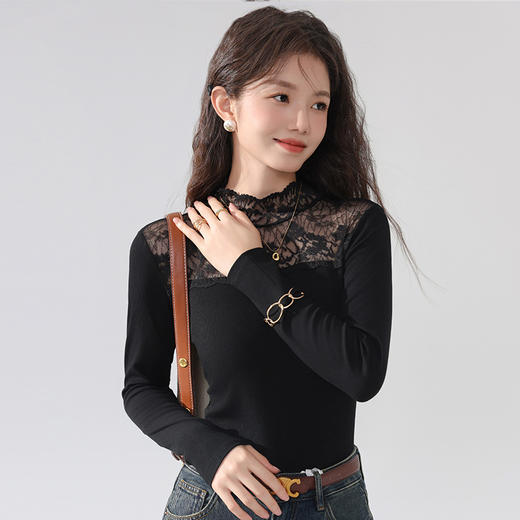 丁摩 蕾丝上衣女长袖秋冬新款修身女装半高领网纱内搭打底衫洋气衫5ZF-2516 商品图0