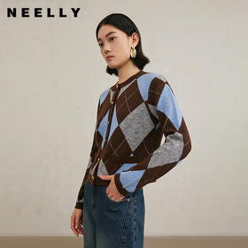 NEELLY纳俪商场同款冬季新款复古菱格圆领针织开衫女羊毛混纺毛衣N25104A04432