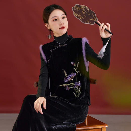 SM 1921真丝丝绒国风新中式贵气感刺绣新中式复古亮片马甲 商品图1