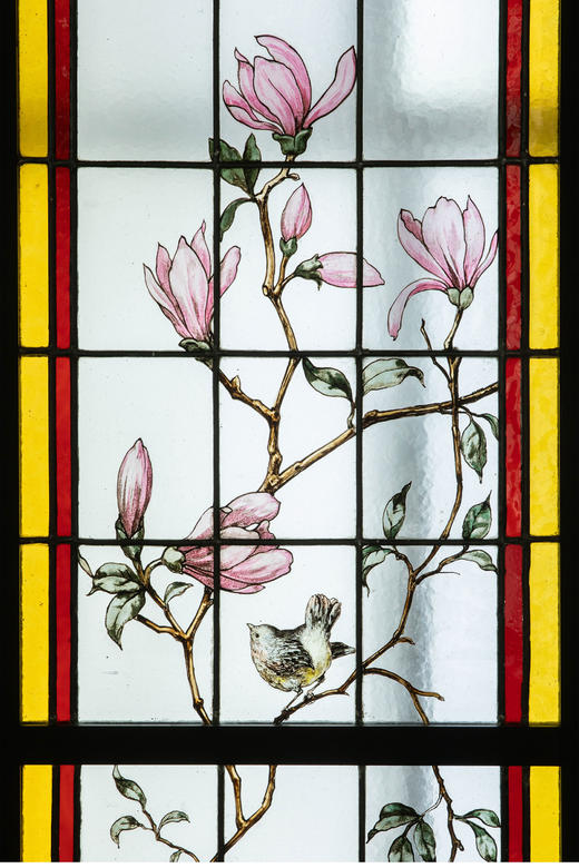 独角鹿西洋古董 19世纪末20世纪初法国新艺术时期出品雀鸟繁花主题彩绘玻璃花窗一组四件 商品图4