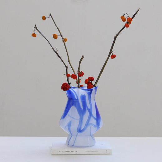 碧轩厂家直销蓝色肌理新中式复古艺术玻璃花瓶氛围感台面鲜花花瓶 商品图6
