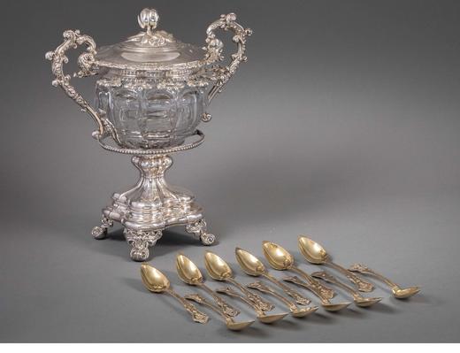 独角鹿西洋古董 1850年代法国出品涡卷藤蔓纹饰纯银精雕水晶内胆冰激凌樽 商品图2