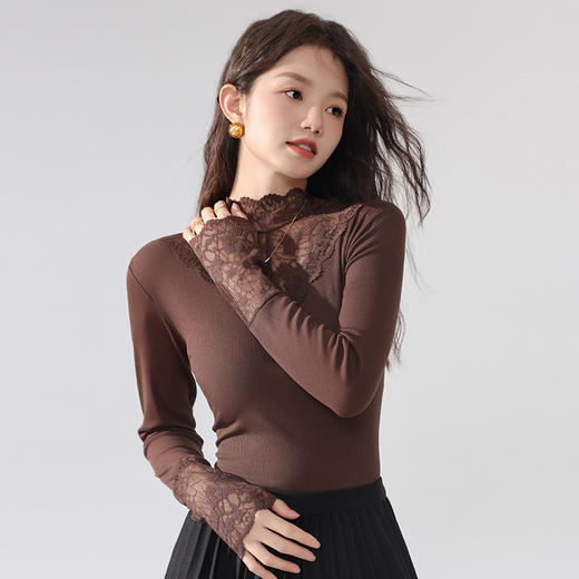 丁摩 蕾丝上衣女长袖秋冬新款大码女装半高领网纱内搭打底衫洋气衫5ZF-2517 商品图1