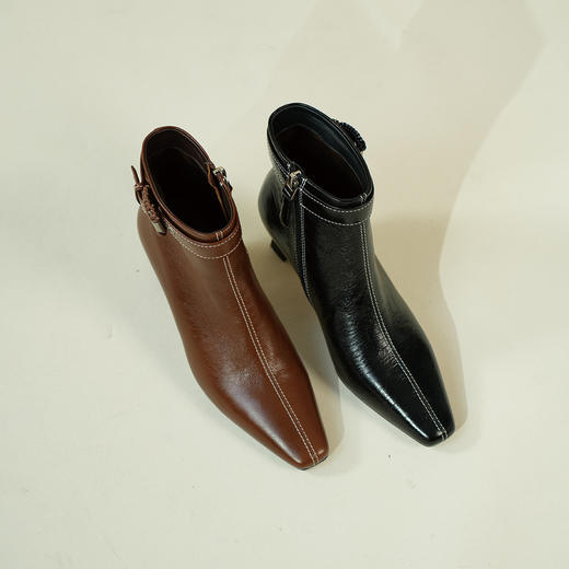 Westory2025年冬季小方头中跟微邹牛油皮复古老钱风短靴W25DS85391 商品图0