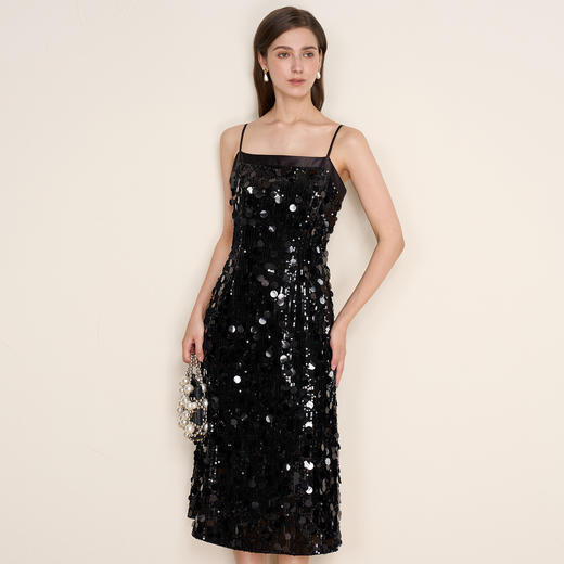 EITIE爱特爱冬季新款奢华感黑色亮片立体感收腰礼服连衣裙8007717 商品图3