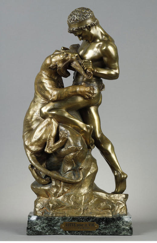 独角鹿西洋古董 19世纪法国雕塑家出品「为生命而战斗」主题铜镀金雕塑 商品图1