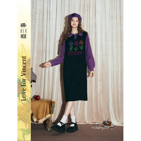 两三事梵高文艺光合物语2025冬新款鸢尾花拼色假两件毛衣裙连衣裙