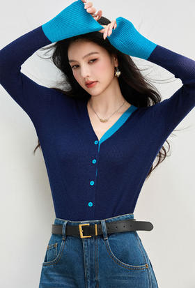 实拍◆有现货◆2025秋季新款时尚撞色拼接条纹V领气质针织衫上衣