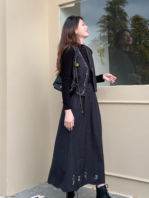 【百图lulu定制】【花蔓套装】【一套299元】花朵刺绣 波浪边马甲 高弹T长袖T恤 A字摆半裙 商品图5