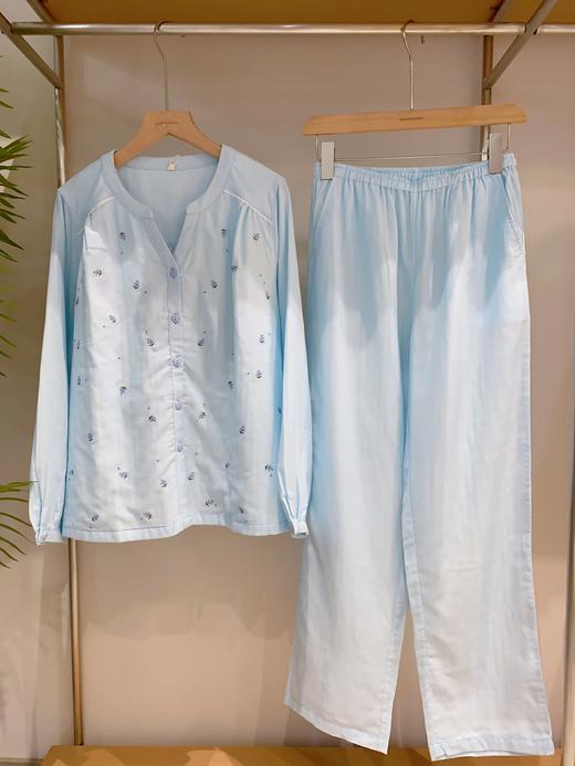 松植屋【沙宛】圆领开门襟长袖长裤套装女款100%棉 双层纱小花刺绣睡衣家居服 商品图1