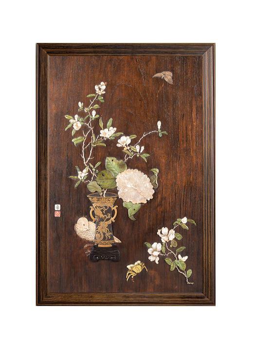 【已售】独角鹿西洋古董 19世纪末20世纪初日本明治时期出品「玲珑春雪」主题芝山镶嵌装饰画 商品图0